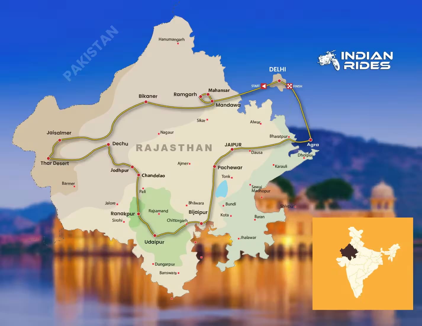 Itinéraire d’un voyage à moto au Rajasthan Carte de l’itinéraire d’un voyage à moto au Rajasthan avec Indian Rides, de Delhi à Agra et à travers le désert du Thar