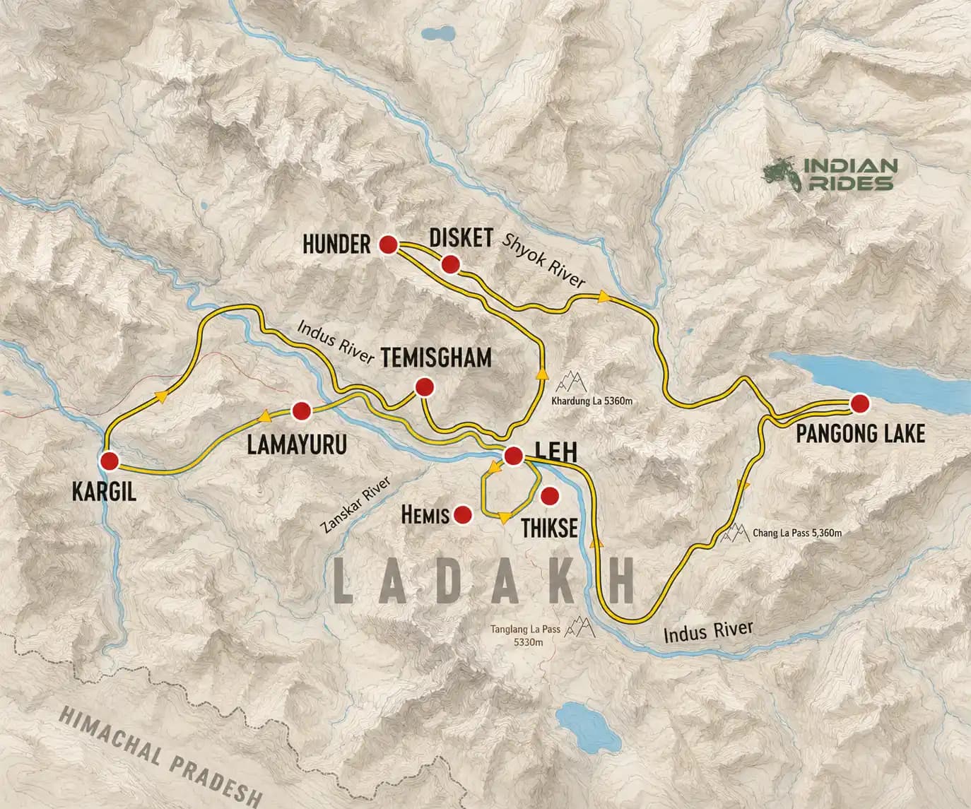 Voyage moto au Ladakh – Conquer Himalaya | Indian Rides Carte du Ladakh avec itinéraire du voyage moto Conquer Himalaya, de Kargil à Pangong Lake via Leh, Khardung La et Chang La.